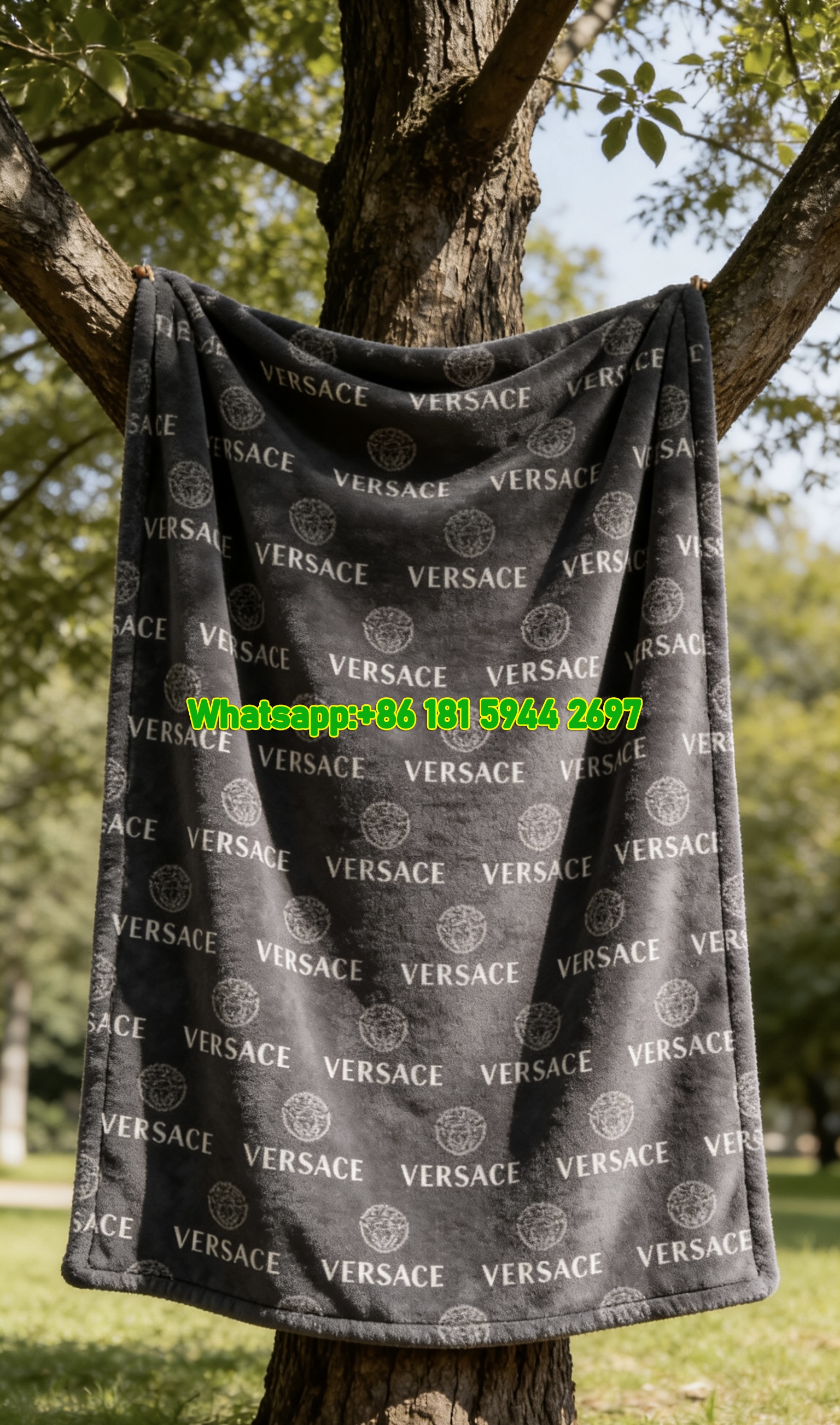 Versace All Over Logo Print Flannel Throw Blanket in Black and White with Medusa Pattern IMG_1598